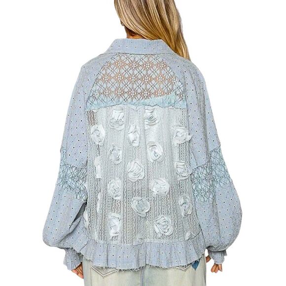 Pol Anthropologie LEAH Blue Eyelet Lace Pearl Flower Embellished Jacket - Picture 5 of 16